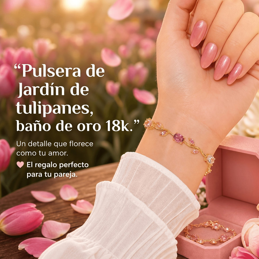 La pulsera Jardín de Tulipanes en la muñeca, junto a su caja de regalo rosa