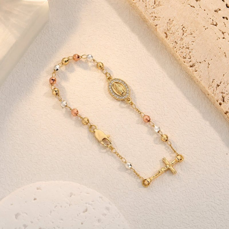 Pulsera Rosario Tres Oros completa: medalla, cruz y cuentas en 3 oros