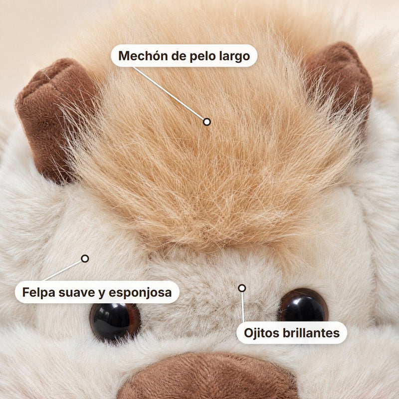 De cerca: mechón de pelo largo, felpa suave y ojitos brillantes