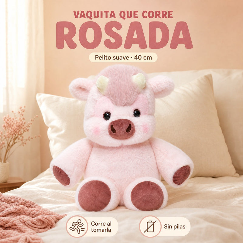 Peluche Vaquita que corre rosada, de 40 cm, sentada sobre la cama