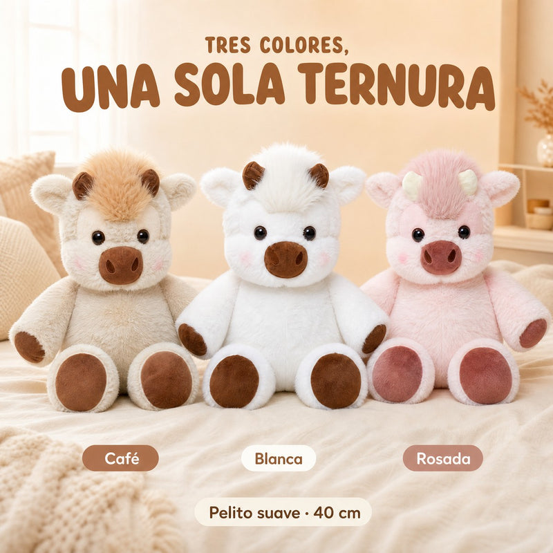 Las tres vaquitas que corren, café, blanca y rosada, sentadas juntas sobre la cama