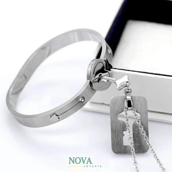 Amor Seguro Cadena y Pulsera Candado Acero inoxidable + Caja de Regalo