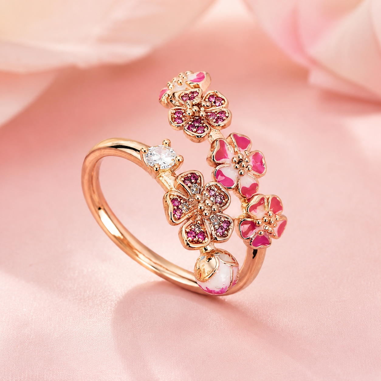 Anillo Flor Cerezo 🌸| Baño Oro Rosa + Caja Regalo ✨