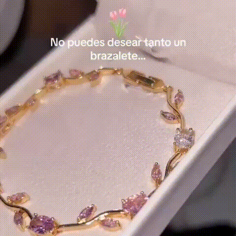 La pulsera Jardín de Tulipanes en su caja y puesta en la muñeca