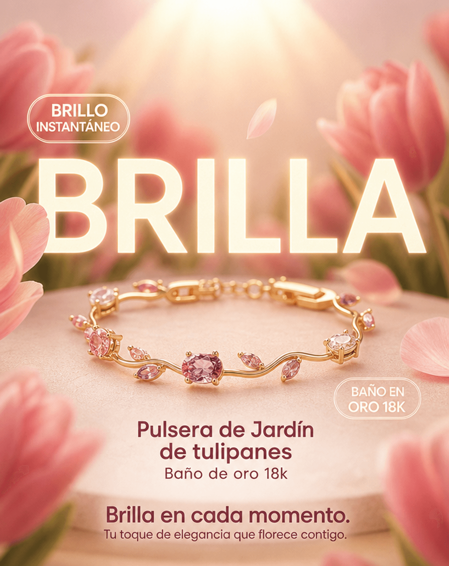 Pulsera Jardín de Tulipanes sobre un pedestal rosa entre tulipanes: brillo instantáneo, baño en oro 18k