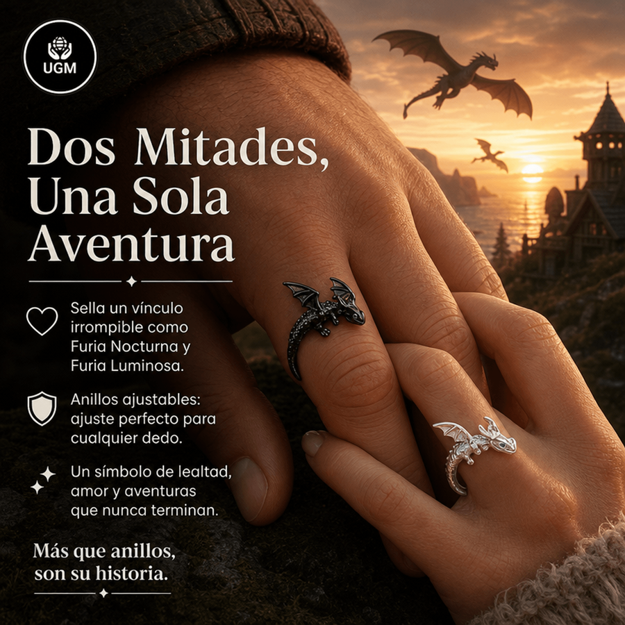 Dos mitades, una sola aventura: una pareja con los anillos Chimuelo y Furia puestos