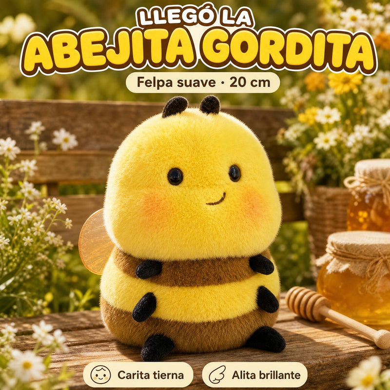Llegó la abejita gordita: peluche amarillo y gordito, de frente, con felpa suave de 20 cm, carita tierna y alita brillante