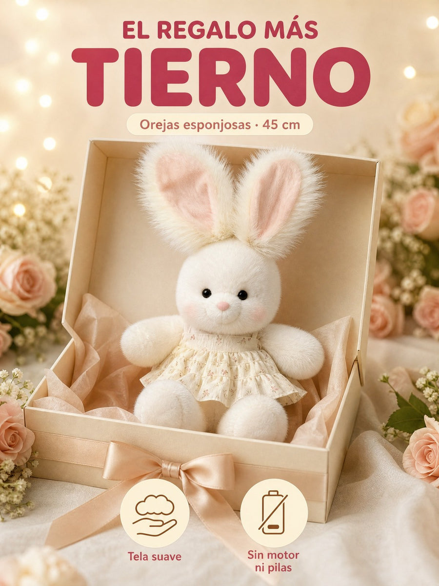 El Peluche Conejo que Corre en su caja de regalo con moño, con el título El regalo más tierno