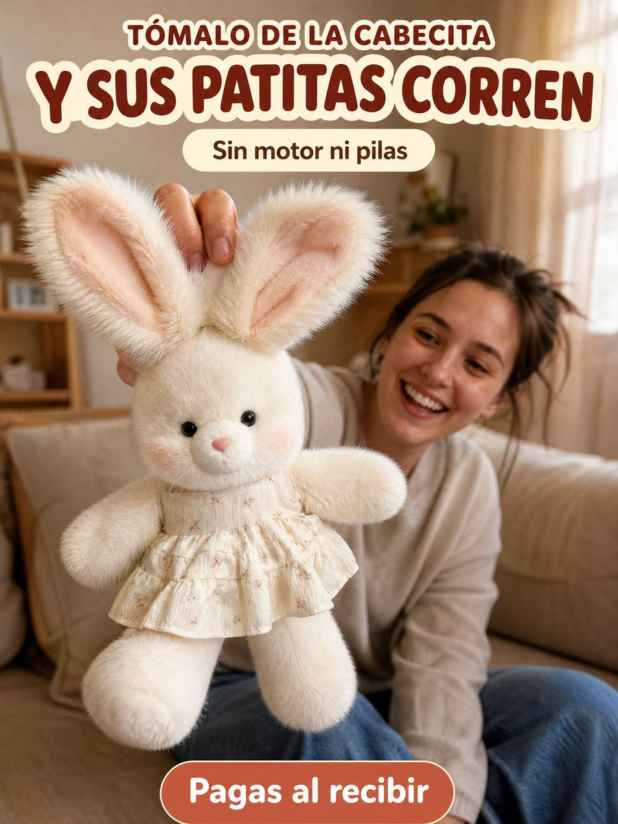 Una mujer toma al conejito de la cabecita y sus patitas corren, con el título Y sus patitas corren