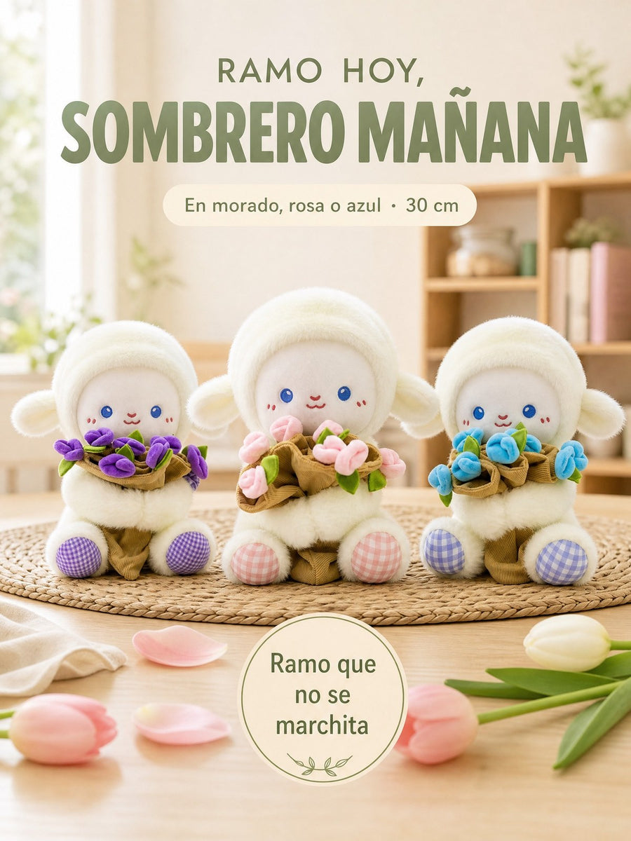 Ramo hoy, sombrero mañana: los tres corderitos, morado, rosa y azul, con su ramo de tulipanes que también es su sombrero