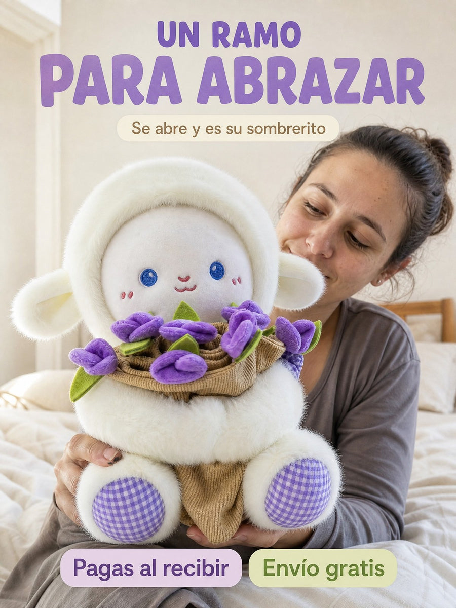 Una mujer abraza el corderito con su ramo de tulipanes: un ramo para abrazar