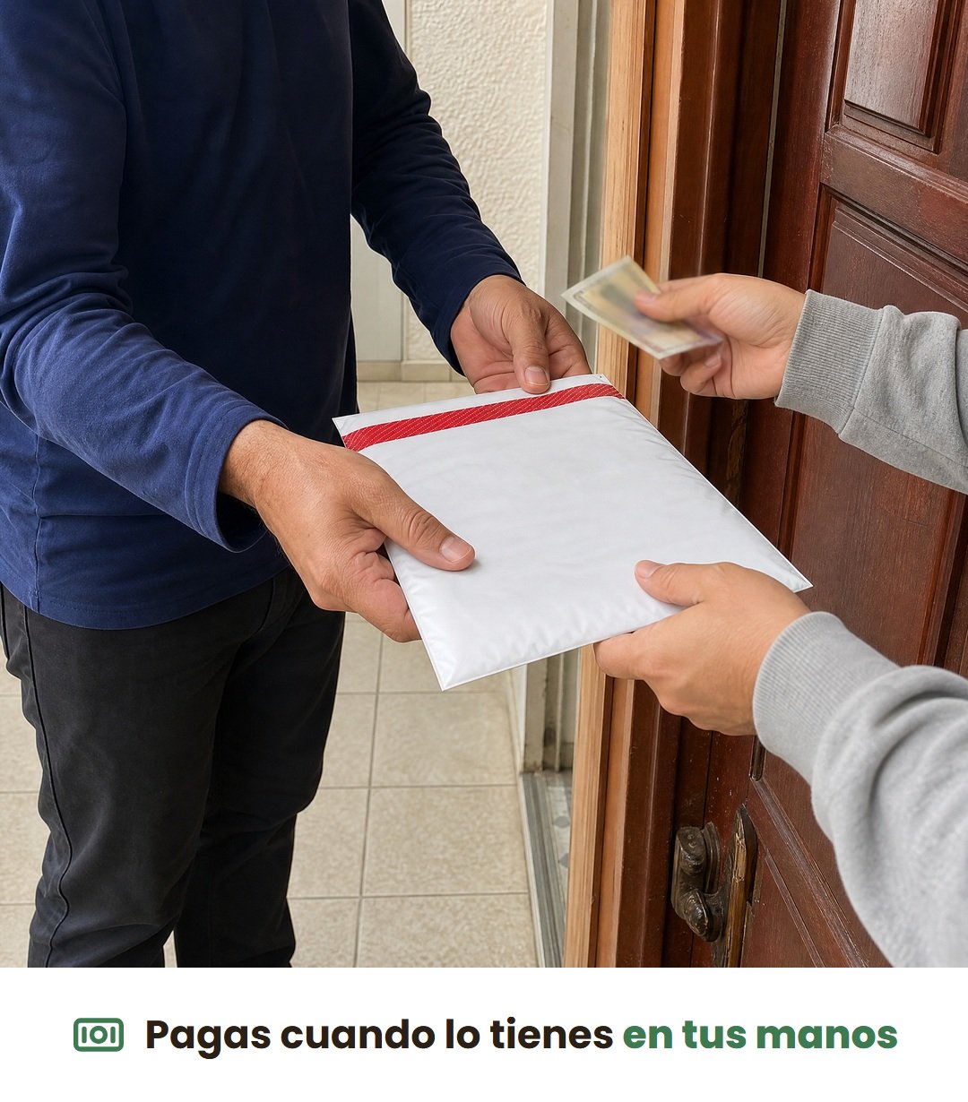 En la puerta: el domiciliario te entrega el paquete sellado y pagas en efectivo cuando lo tienes en tus manos