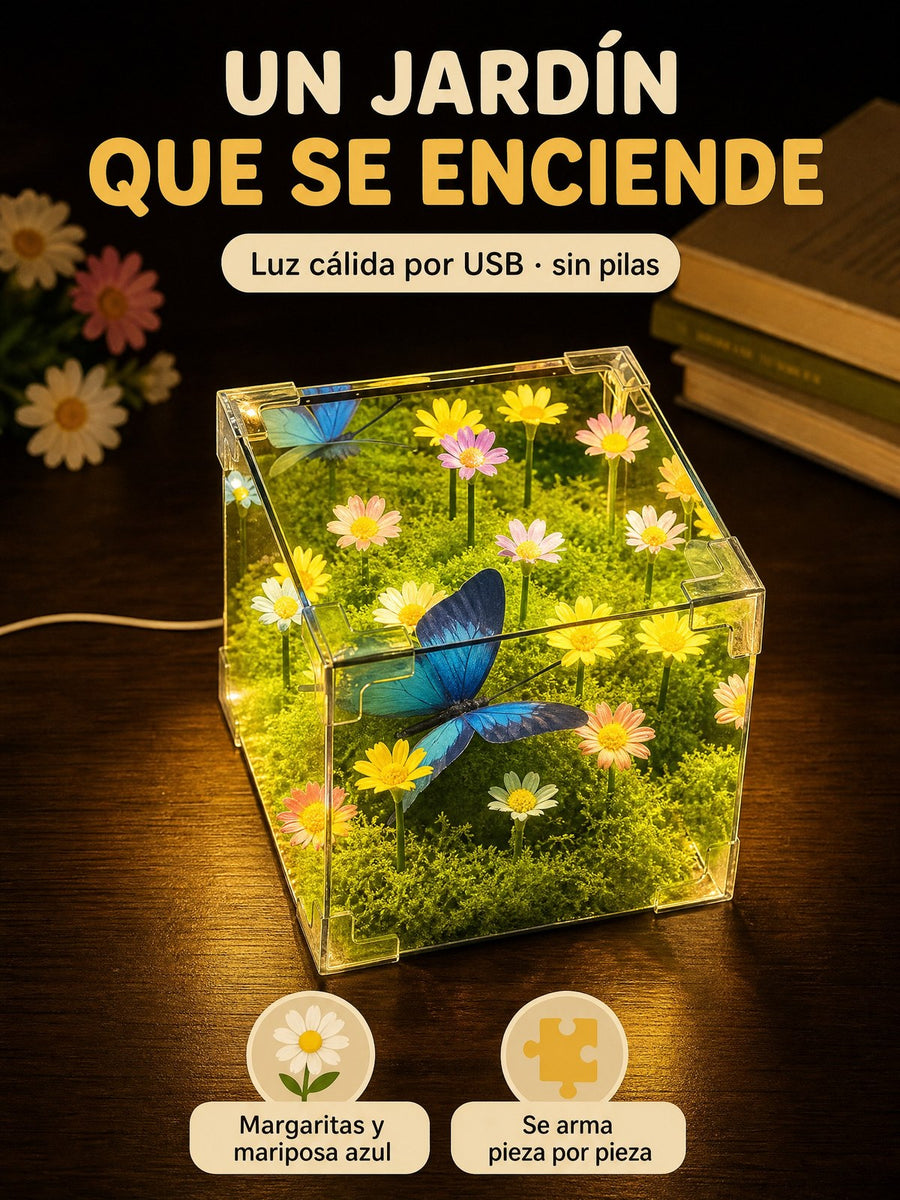 Un jardín que se enciende: la lámpara encendida con su mariposa azul, margaritas y musgo dentro de un cubo transparente, luz cálida por USB y sin pilas