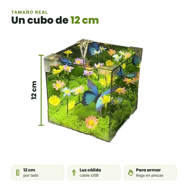 Mide 12 cm de lado: luz cálida por cable USB, viene para armar