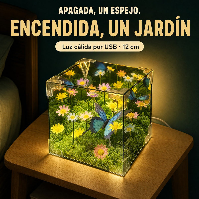 Apagada, un espejo; encendida, un jardín: la lámpara encendida sobre una mesa de noche, con su mariposa azul y sus margaritas