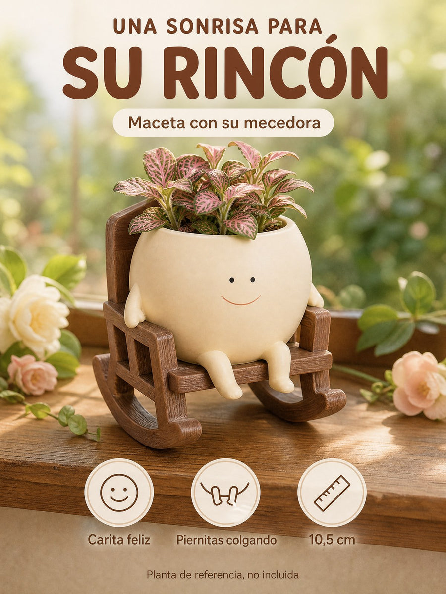 Maceta muñequito en su mecedora sobre una repisa de madera junto a una ventana, con carita feliz y una planta pequeña encima, con el título Una sonrisa para su rincón