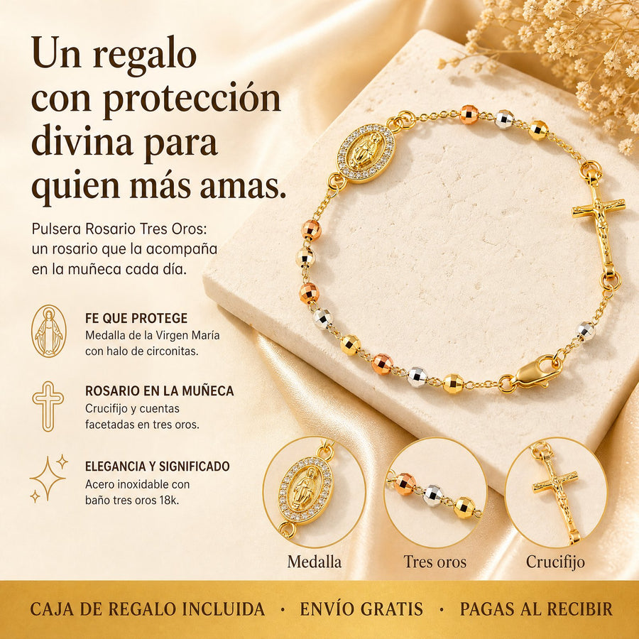 Pulsera Rosario Tres Oros: medalla de la Virgen María, crucifijo y cuentas en tres oros, un regalo con protección divina