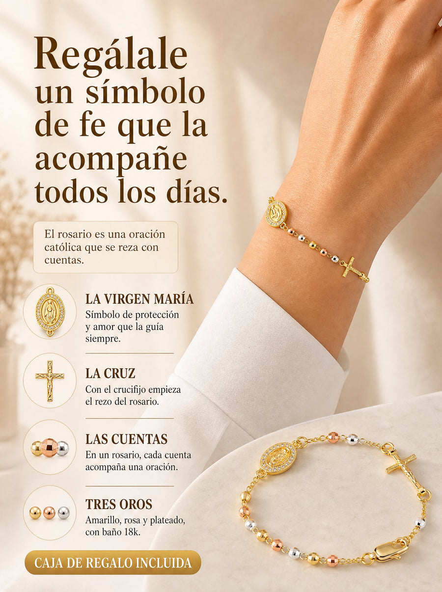 Pulsera Rosario Tres Oros puesta en la muñeca, con el significado de la Virgen María, la cruz, las cuentas y los tres oros