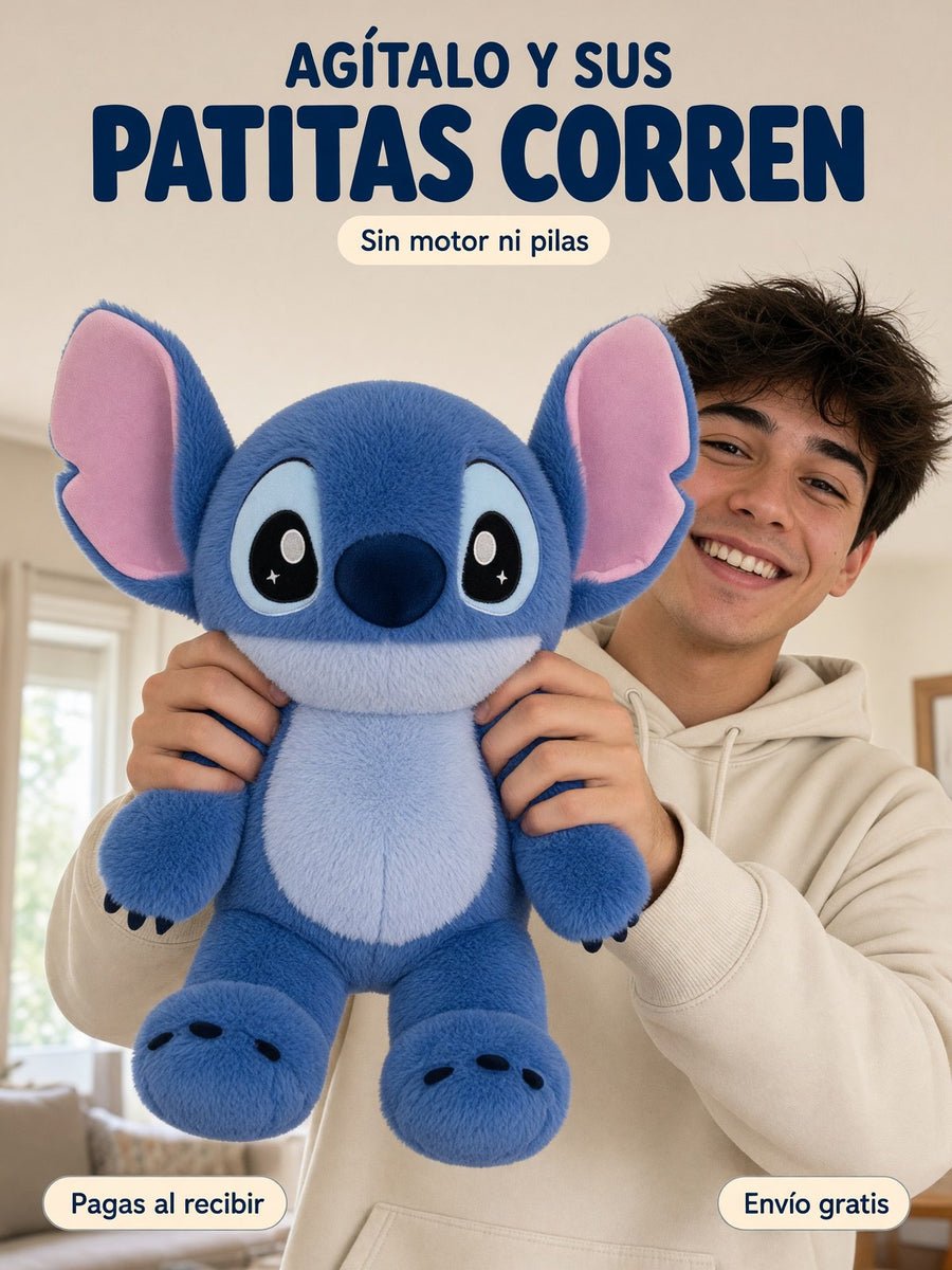 Un joven sonriente sostiene al Stitch para agitarlo: sus patitas corren, sin motor ni pilas