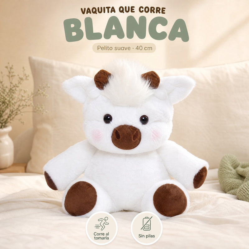 Peluche Vaquita que corre blanca, de 40 cm, sentada sobre la cama
