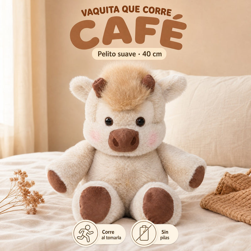 Peluche Vaquita que corre café, de 40 cm, sentada sobre la cama