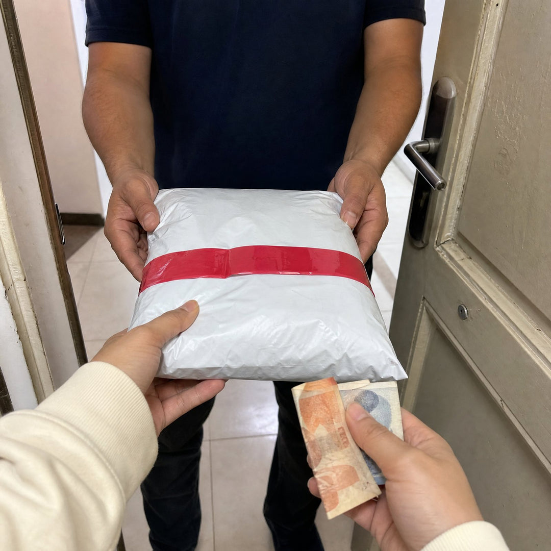 En la puerta: el repartidor te entrega la bolsa sellada y pagas en efectivo cuando la tienes en tus manos