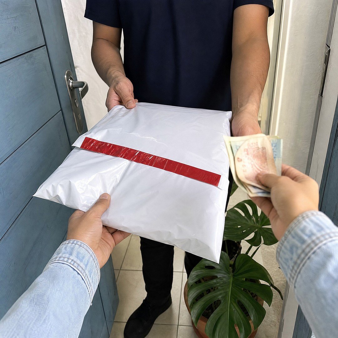 En la puerta: el domiciliario te entrega el paquete sellado y pagas en efectivo cuando lo tienes en tus manos